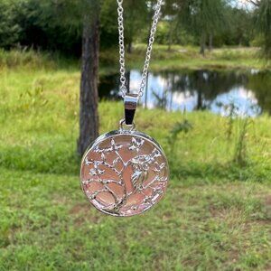 NEW Large Faux Cherry Quartz Owl on a Tree Pendant Necklace